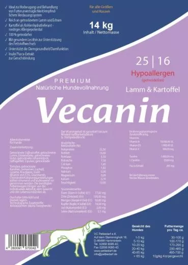 2 x 14kg Vecanin Premium Hypoallergen Lamm & Kartoffel 24/14